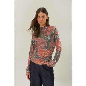 NWT Farm Rio Shiny Chita Tulle Sequins Floral Multicolor Blouse Size S